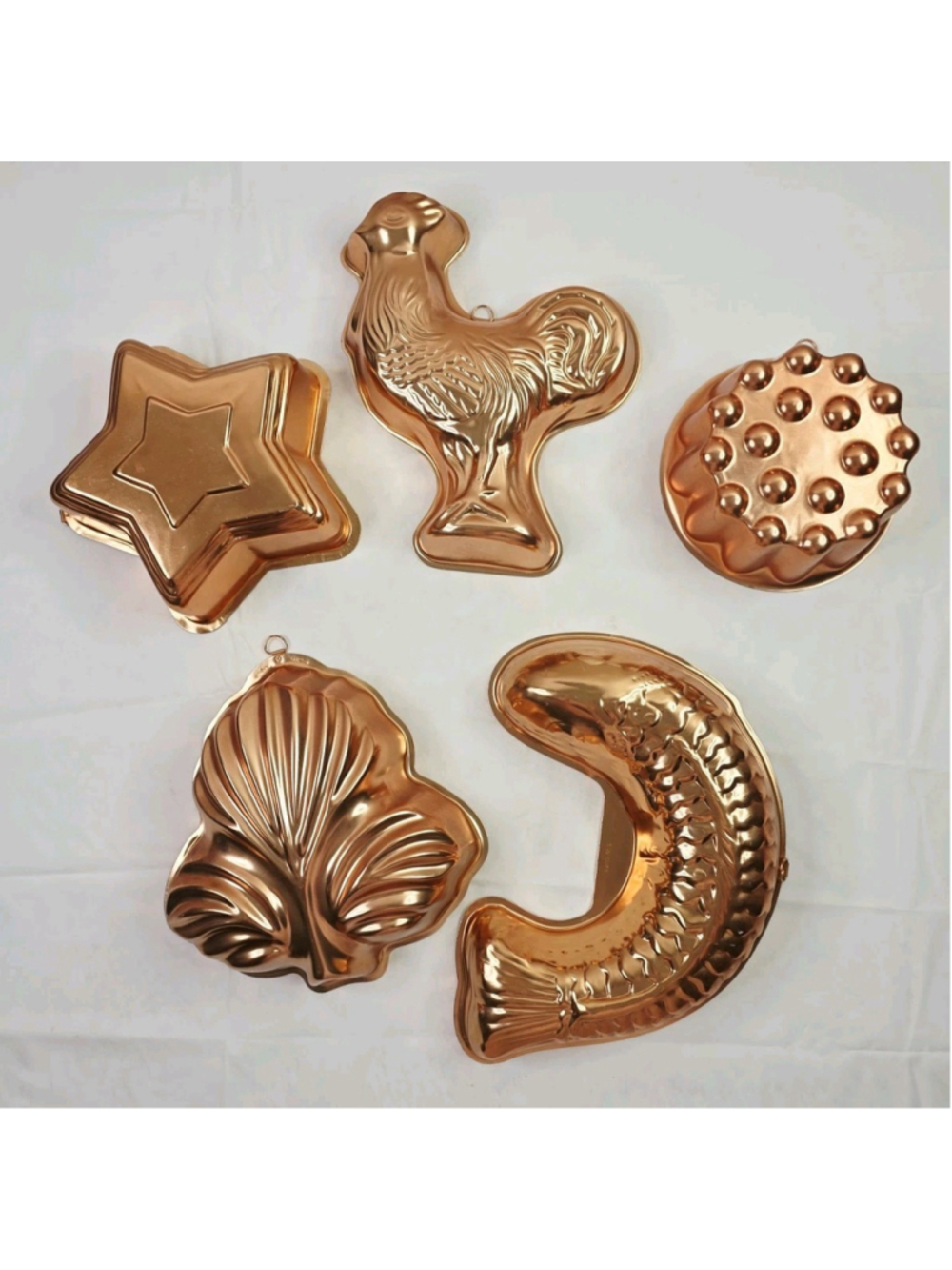 5 Piece Vintage Copper Wall Decor Cake Mold Rooster, Coy Fish, Star Cottage Core